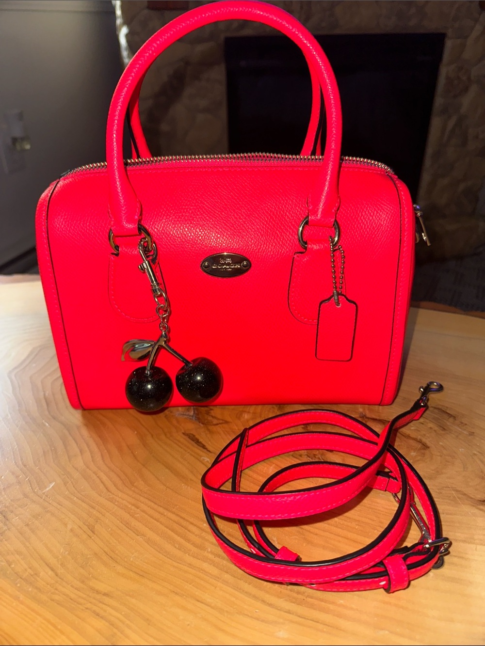 ❤️🖤❤️Coach Neon Pink/Coral  Satchel with Black Cherry Charm